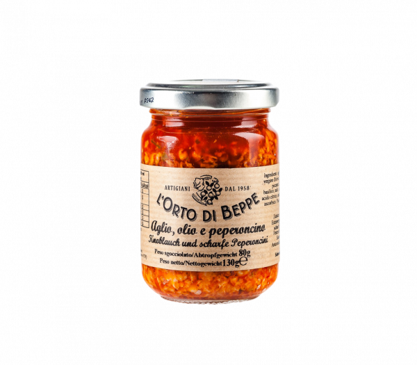 Knoblauch und scharfe Peperoncini in Extravergine Olivenöl Orto di Beppe 156ml