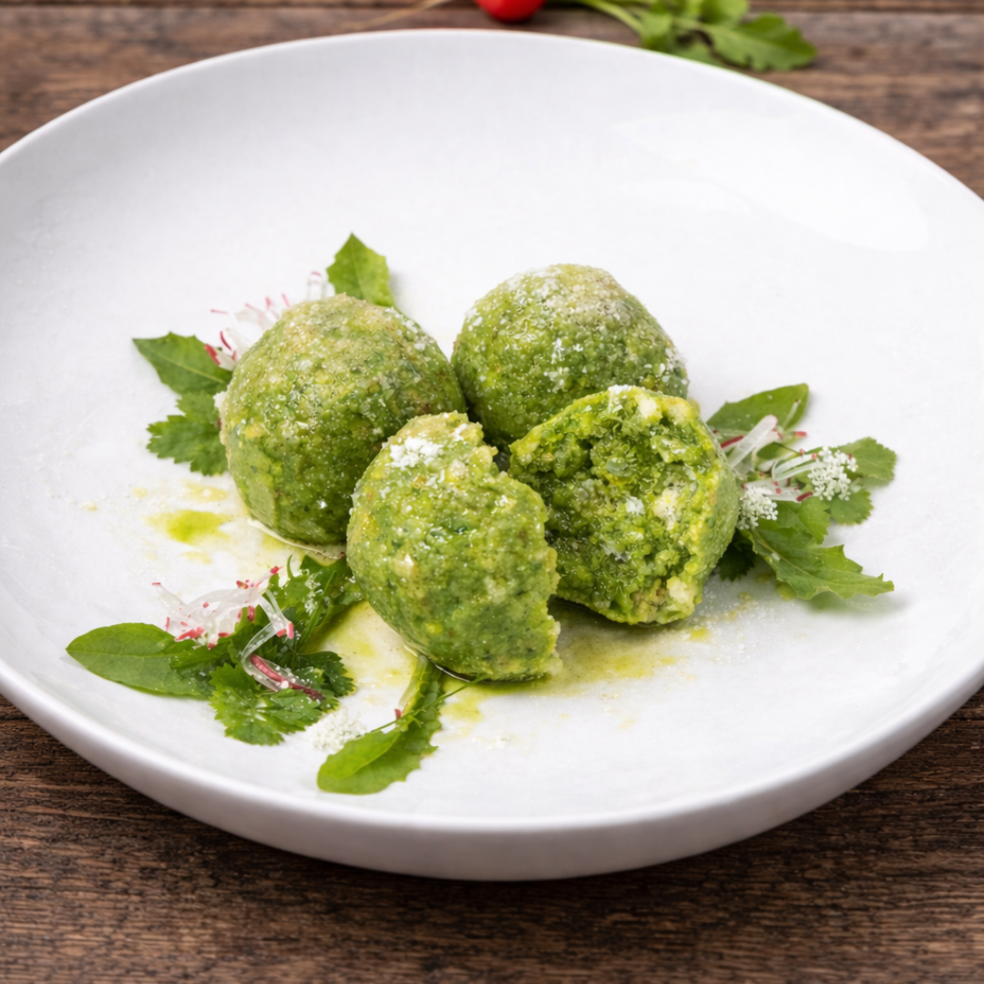 Bärlauchknödel mit Löwenzahn und Radieschen